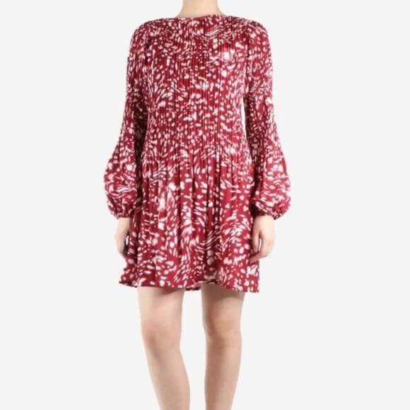 Maje Burgundy and White Mini Dress with Long Sleeves - Picture 2 of 6